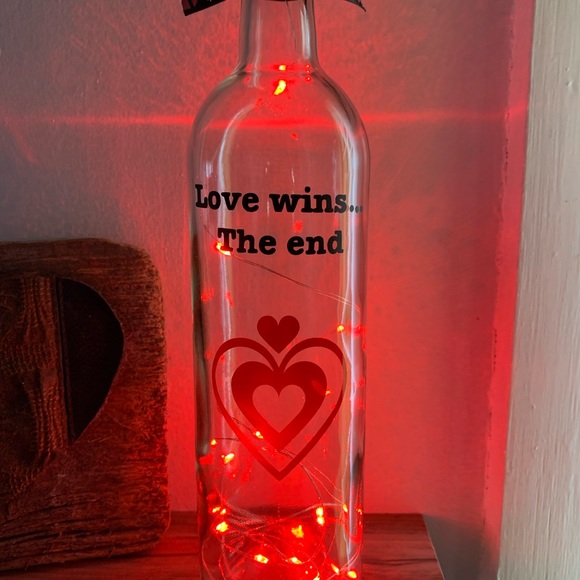 Hand Crafted- ‘Love Wins..’Red fairy light wine bottle lantern with die cut logo - Picture 5 of 9